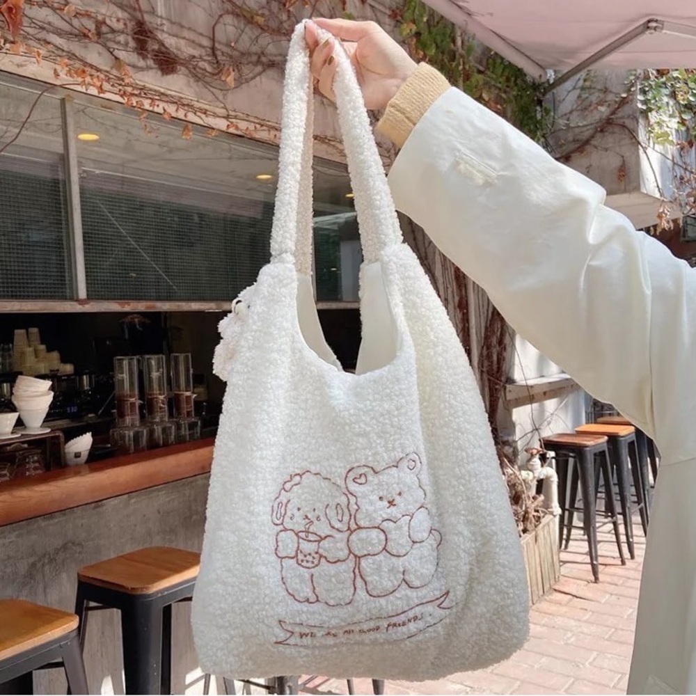 Fuzzy bag tote shoulder bag women white cream bear lamb boba embroidery keychain